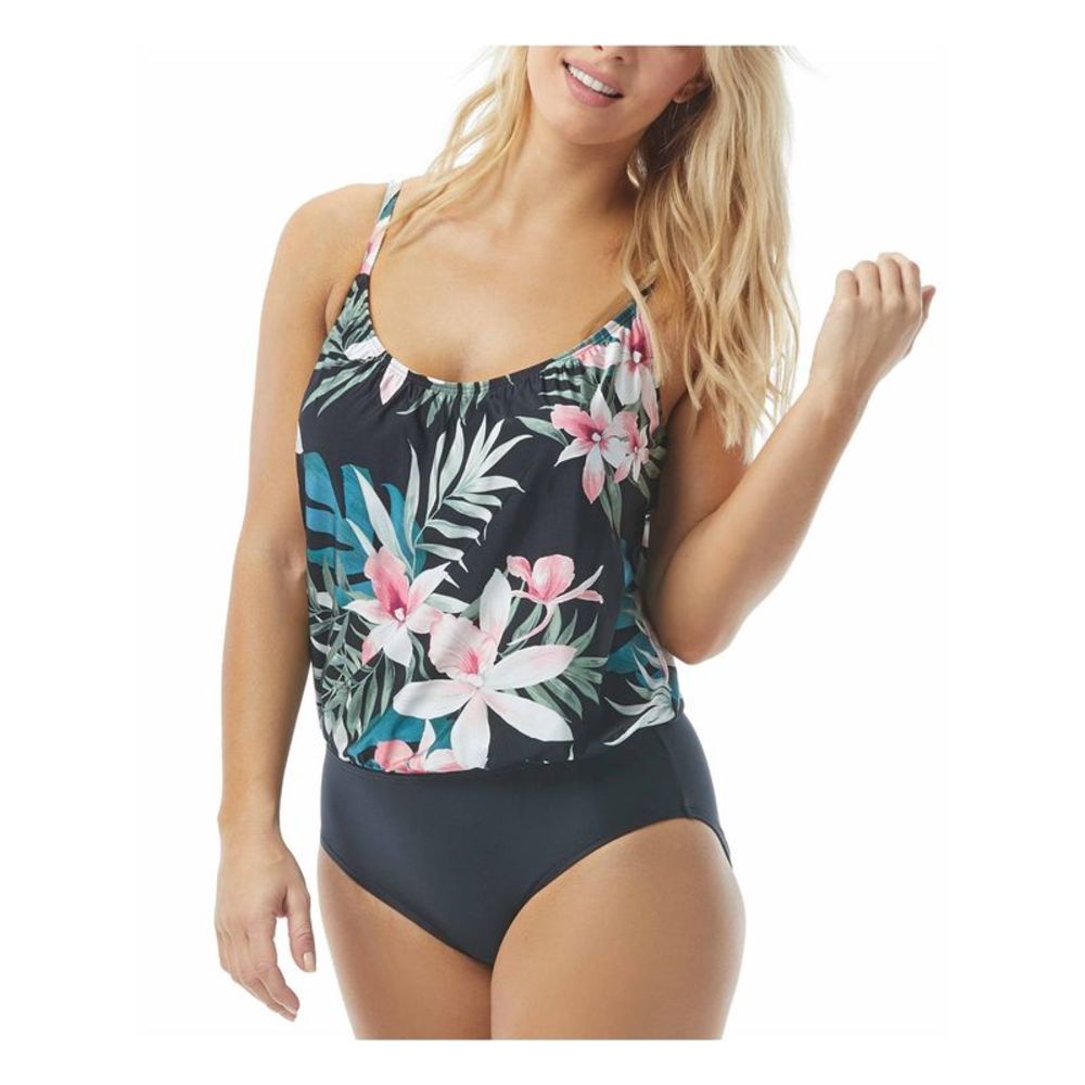 CONTOURS Women's Black Tropical Print Amaris One Piece Swimsuit 10 34C\D
